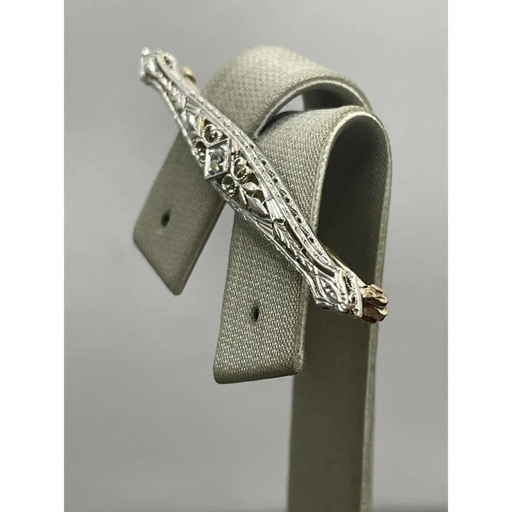 14K Yellow Gold & Platinum Art Deco Style Bar Pin W/ Diamond (26688)
